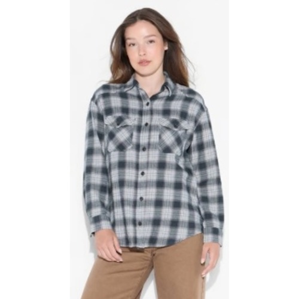 Wild Fable Womens Black Grey Plaid Flannel Button Down Shirt Size S NWT